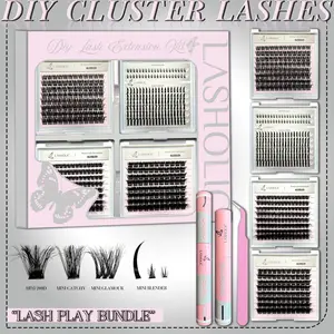 LASHOLIC LASHES Lash Play Bundle 4 Styles Mega Ultra Dramatic Aname Bottom Eyelash Extension Kit Waterproof Glue Bond Home Lash Extension Makeup Easy Apply Cosmetic Tweezer