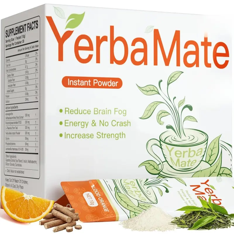 WUEIS Yerba Mate Instant Tea Powder – Clean Energy, Prebiotic Support & Gut Health – Low Sugar, Natural Caffeine, Orange Flavor, 30 Single-Serve Sticks