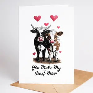 Valentine’s Day or Anniversary Cow-Themed Love Card | "You Make My Heart Moo!" | Funny Farm Animal Card | Cute Romantic Love Card