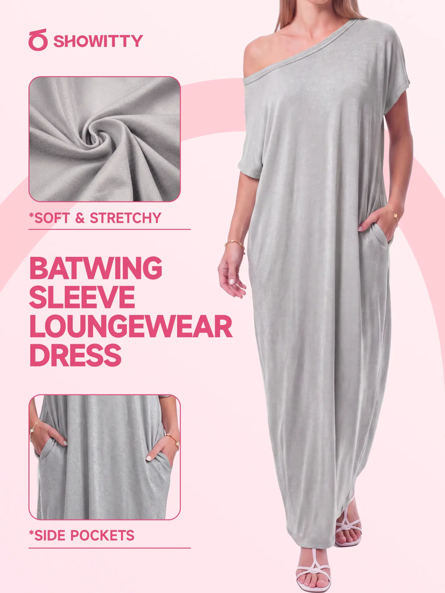 SHOWITTY Womens One Shoulder Batwing Sleeve Casual Dress with Hidden Pockets Soft Stretch Summer Dress (Summer Ease Collection)
