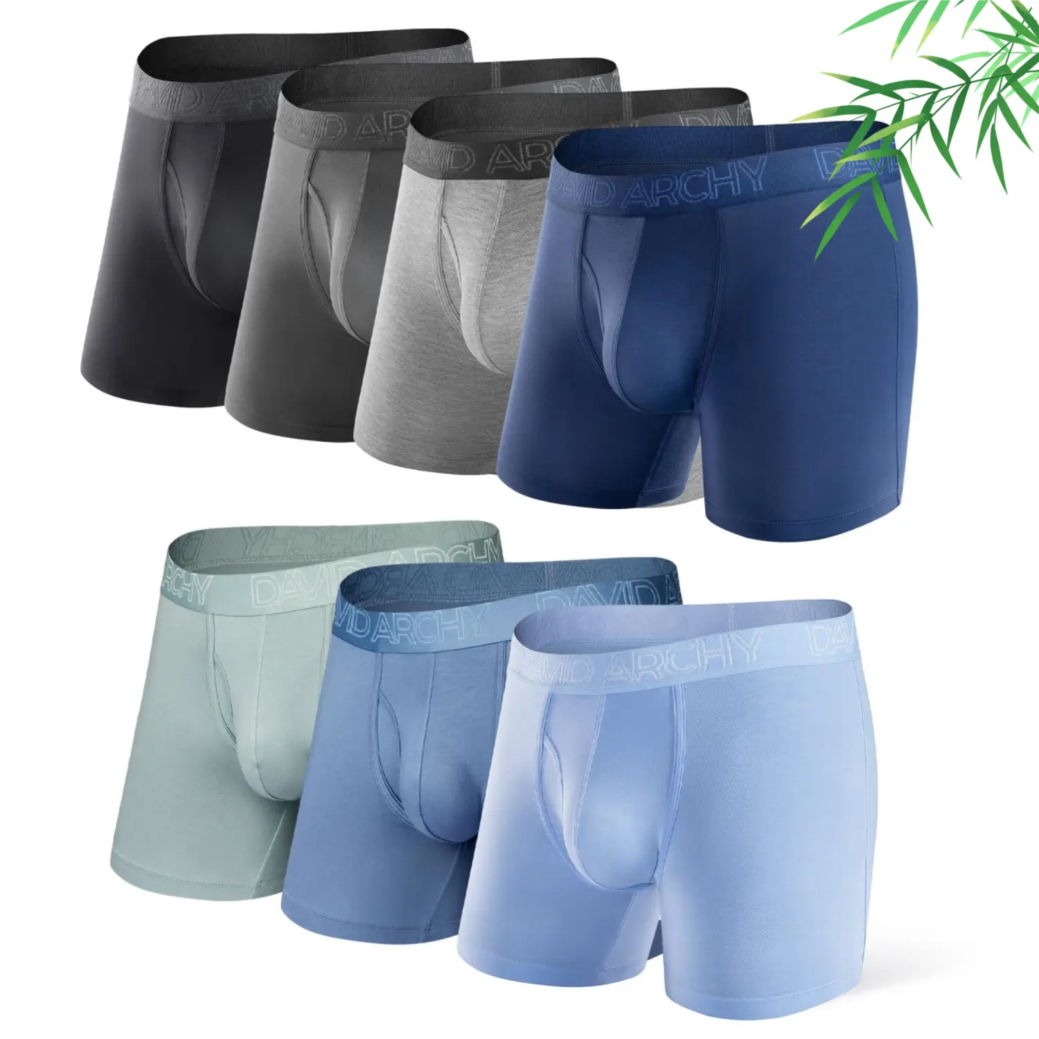 DAVID ARCHY Men's Bamboo Cooling Rayon Boxer Briefs - 4 Pack Breathable Soft Plain Fabric Underwear with Fly, Elastic Spandex Undergarments, Mensfashion Gift for Boyfriend, Father's Day, Casual, Black/Dark Gray/Navy Blue/Heather Gray