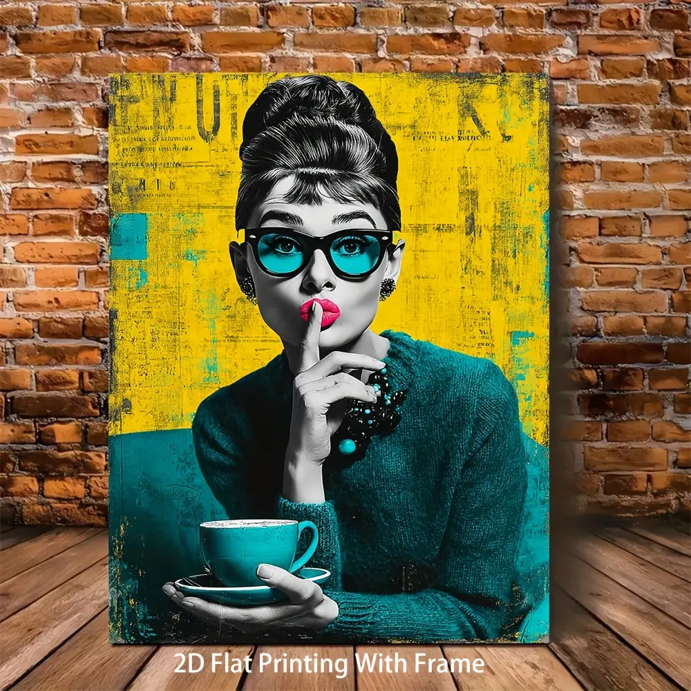2D canvas, 2D canvas, 2D canvas 1 piece, [2D canvas] framed, /40.64X60.96 cm, Audrey Hepburn style art, canvas print with Audrey Hepburn makeup, Audrey Hepburn poster with pink lips, pop art home decoration