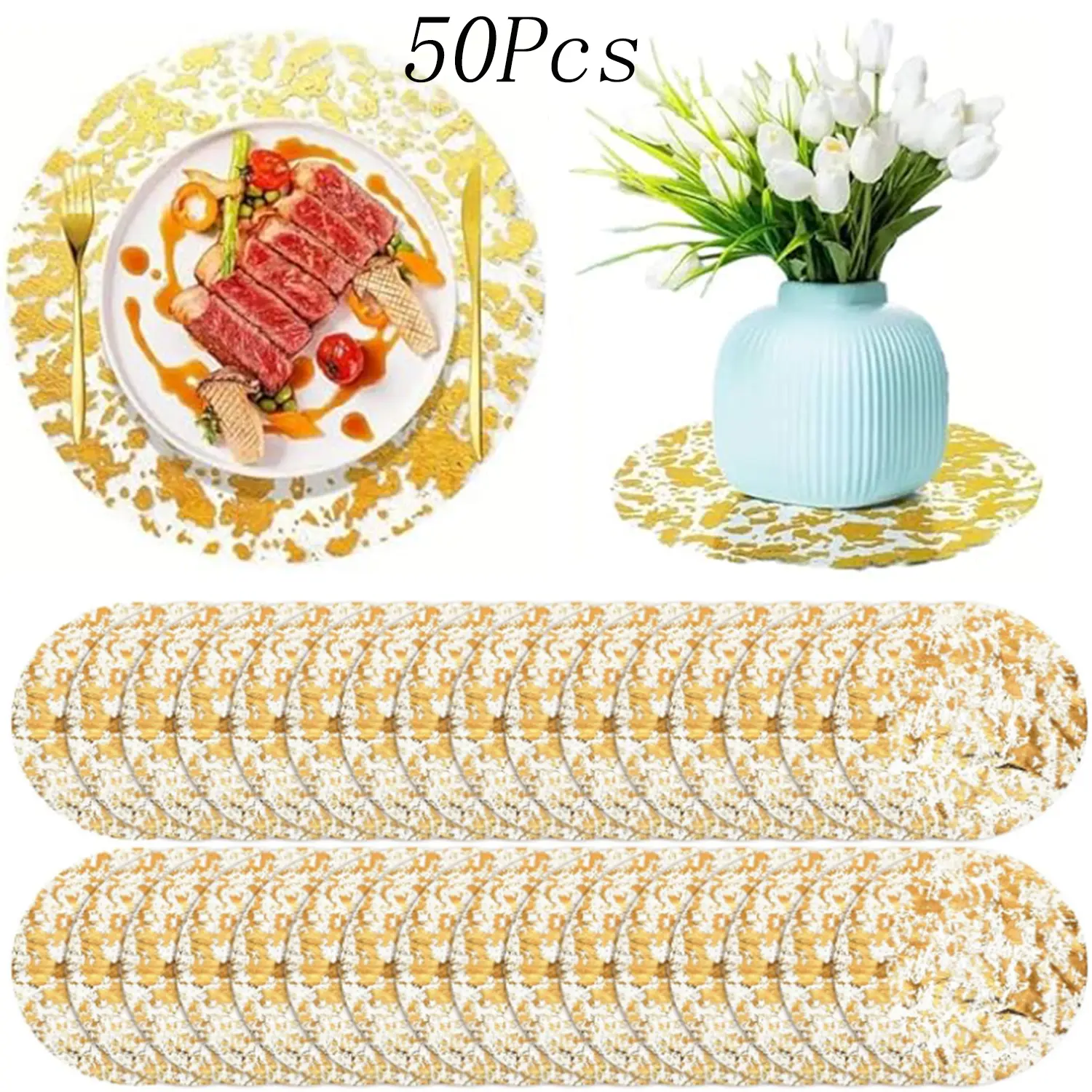 50 Pcs Golden Placemats,13 Inch Round Golden Foil Mesh Pressed Table,Disposable Golden Placemats Set,for Home Decoration,Birthday Party, Wedding