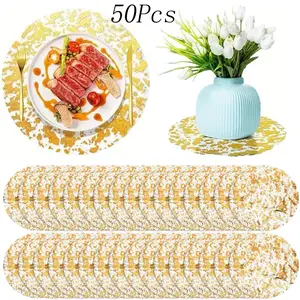 50 Pcs Golden Placemats,13 Inch Round Golden Foil Mesh Pressed Table,Disposable Golden Placemats Set,for Home Decoration,Birthday Party, Wedding