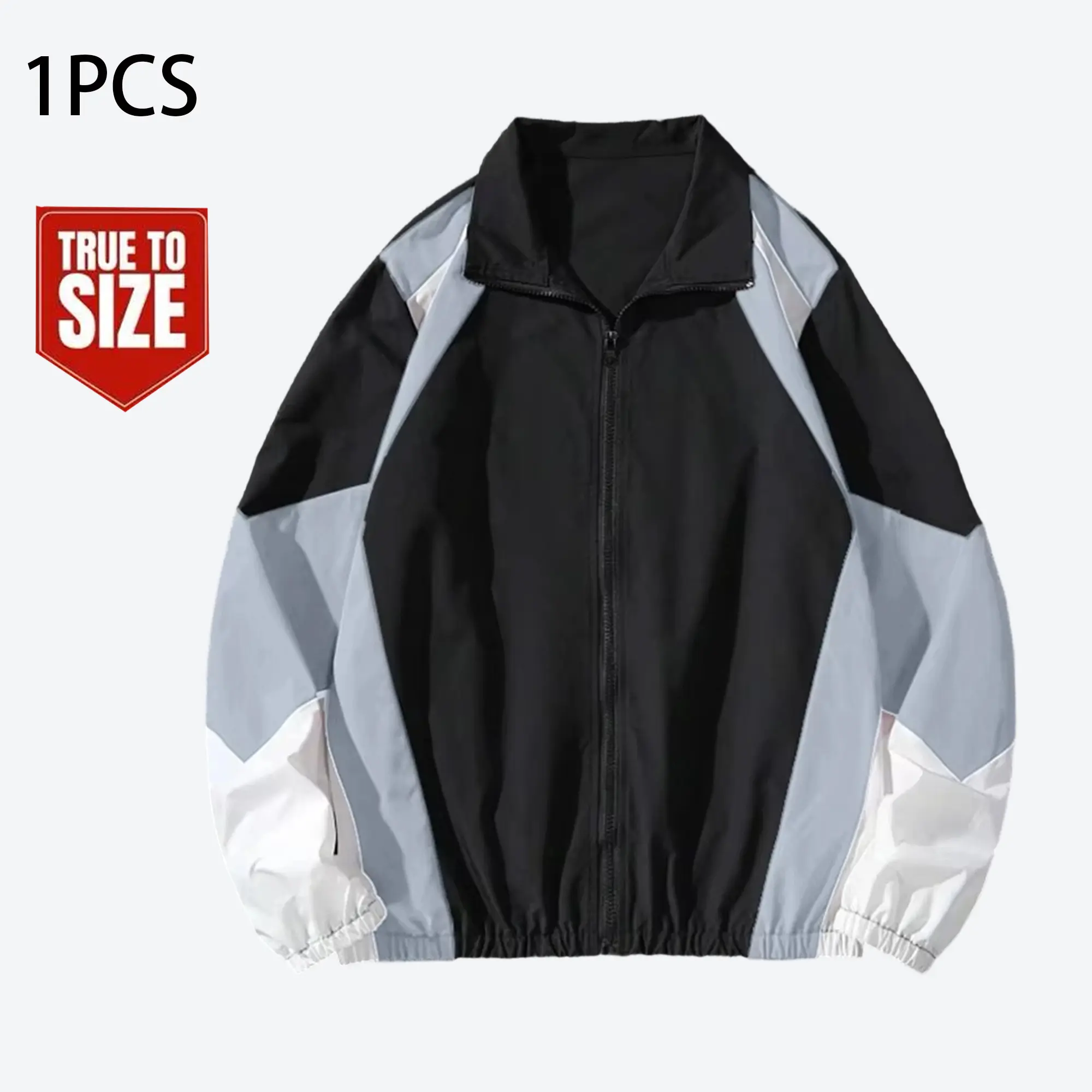 Men’s color-block windproof jacket, vintage stand collar zip sports outerwear, black/green/white color-block loose casual lightweight outdoor top for spring and autumn