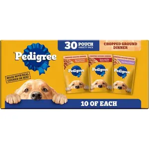 Pedigree Chopped Ground Dinner Wet Dog Food Pouches Variety Pack, 3.5 oz Pouches, 30 Count