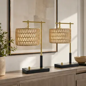 ARCH 19 Inch Table Lamp Set of 2 Woven Rope and White Fabric Shade, Yellow, Metal Base, E26 Socket, Handcrafted Natural Texture, Cozy Glow for Bedroom Living Room, Bulbs Not Included, Yellow Color Options, Fabric/Woven Rope Material