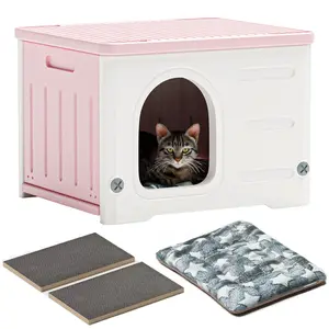 Cat House for Both Indoor and Outdoor, Stackable Indoor Cat House Large Outdoor Cat House for Winter, Waterproof Weatherproof Feral Cat Shelter with Cat Scratching Board & Cushion (Pink)