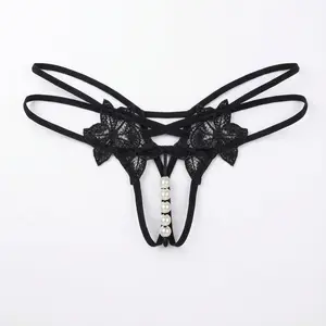 Petal Pearl Thong Gothic Rock Style with Romantic Floral Lace & Luxurious Cascading Pearl Strand for Sophisticated Women's Wear