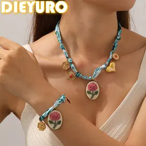 DIEYURO 316L Stainless Steel Oval Inlay Relief Rose Flower Luxury Heart Necklace Bracelet Lady Blue Patterned Ribbon Jewelry Set