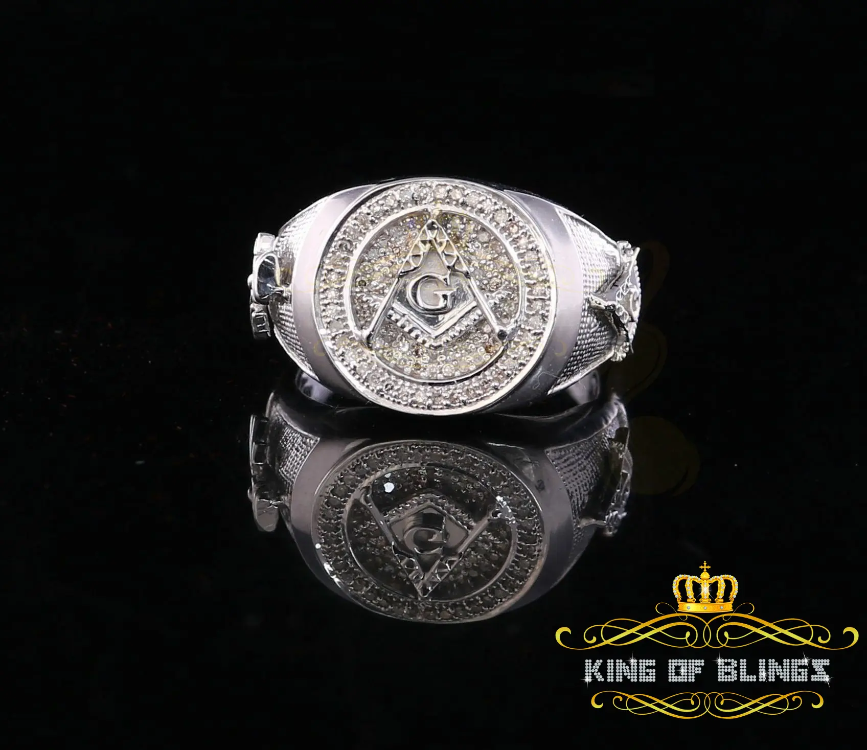 King Of Bling's 925 Sterling White Silver Masonic 0.50 CT Real Diamond Men's Big Ring Size 12