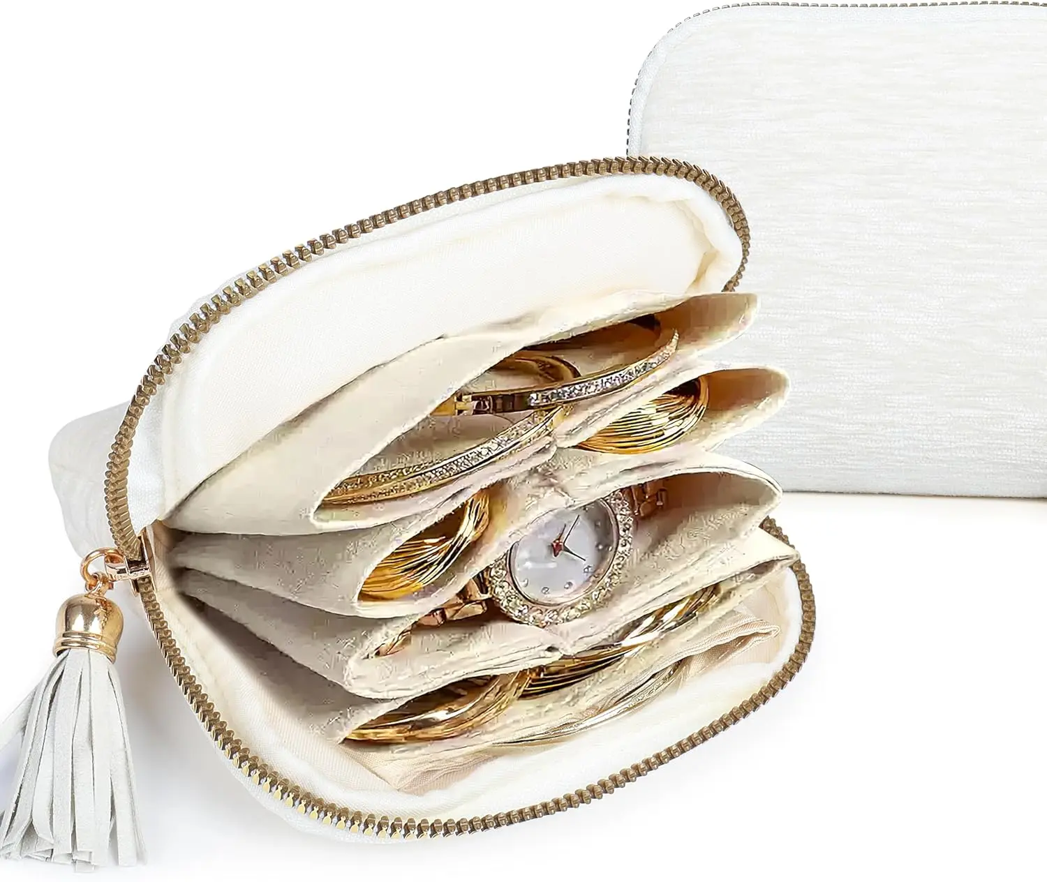 BOOVO  Small Travel Jewelry Case: 5-Layer Individual Pouch Soft Velvet Bag Organizer With Zipper For Bracelets Bangles Protect From Tangle Scratch For Travelers Fashion Enthusiasts(Cream White)