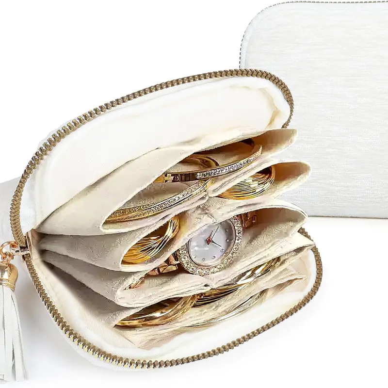 BOOVO Cream White Rectangle Travel Jewelry Case - 5-Layer Eco-Friendly Soft Velvet Zippered Organizer, 4.53" L x 4.53" W x 1.18" H Individual Pouches, Bracelet Holder to Prevent Tangles & Scratches (Christmas Gift for Travelers)
