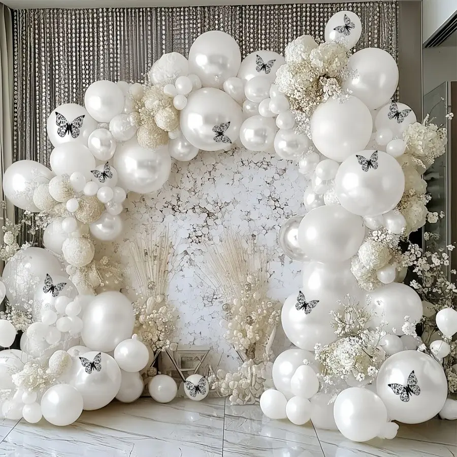 119 Piece Pearl Latex Balloon Arch Kit, Balloon Arch Decoration, 3D Butterfly Stickers, Wedding Theme Garland Decor, Perfect for Weddings, Birthdays, Parties
