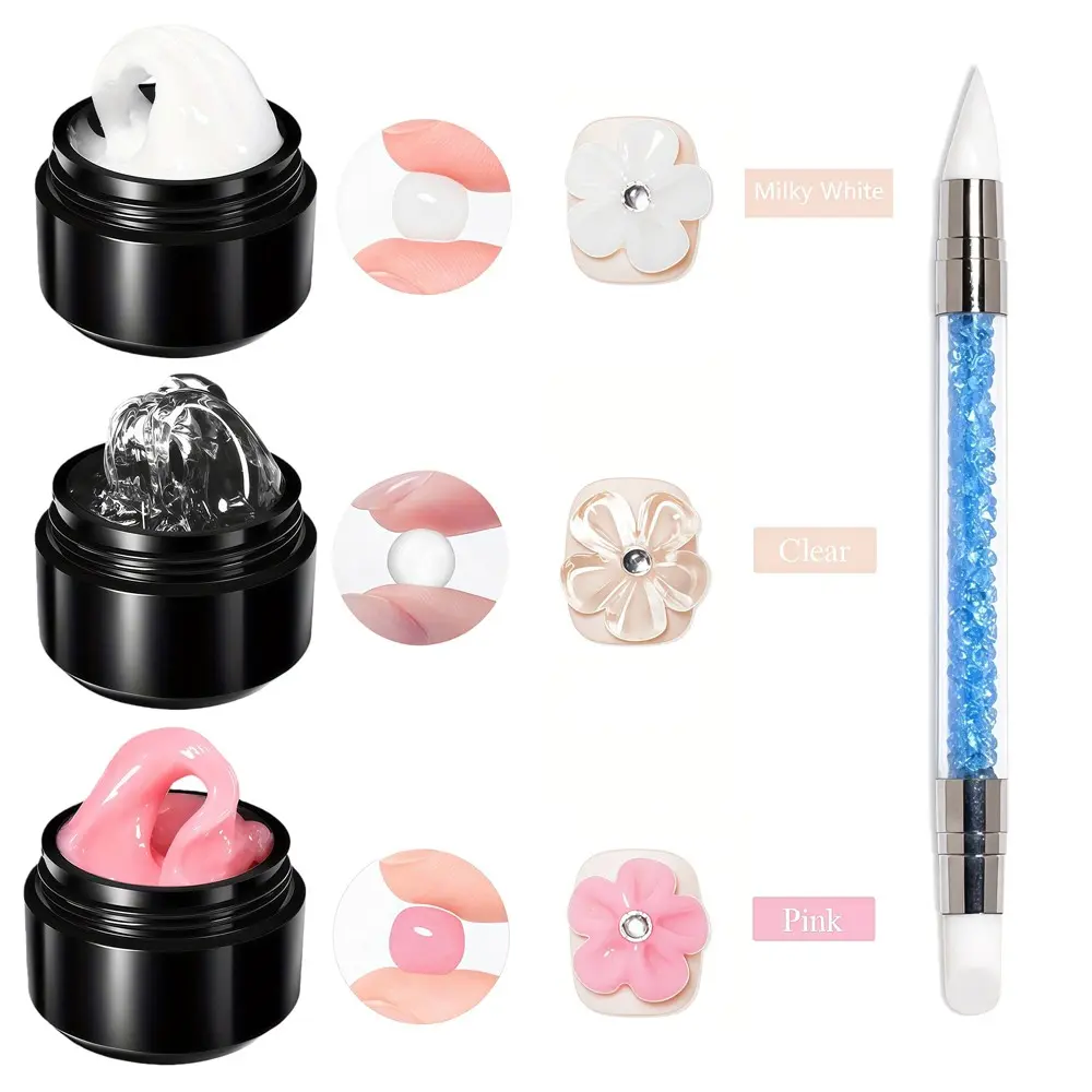OsNailmall 4pcs 10ml Non-Stick Solid Gel Nail Polish Set with Double-Headed Pen, 3D Non Sticky Polygel Nail Kit for Nail Embossing & Shaping, DIY Nail Art Manicure at Home
