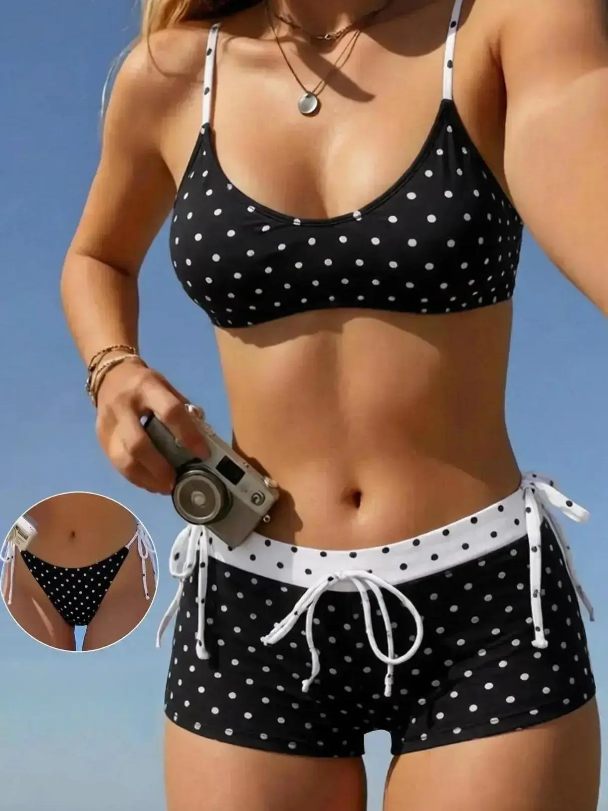 Women's Vintage Polka Dot Sexy U-Neck Halter Swimsuit Set with Tie-Back Shorts, Summer Beach Resort Fashion Swimwear, Swimsuit for Women, Triangle Bathing Suit, Wrap Bikini Set, Peppermolly Design # high cut swimsuit # tie side swim thong