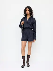 Cider Striped Collar Mid Rise Pleated Romper
