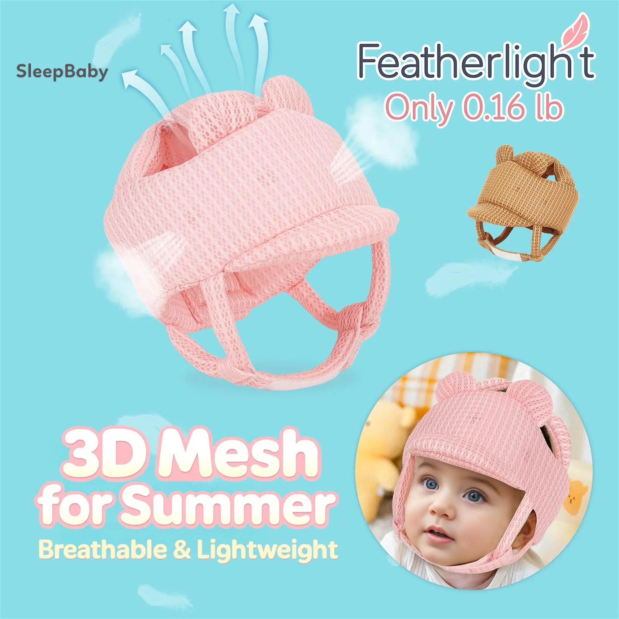 Unisex Polyester Pink Newborn Toddler Hat - Soft Adjustable Safety Protective Sponge Cap with Cute Bear Ears, 1 Size Bonnet for Crawling/Walking Infants, Pink Hats, Newborn Toddler Hats