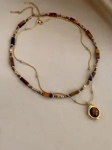Vintage Elegant Multi-Layer Tiger Eye Stone Pendant Necklace, Women's Double-Layer Clavicle Chain, Fashion Jewelry, Best Friend Gift, Multilayer Necklace, Boho Style Jewelry