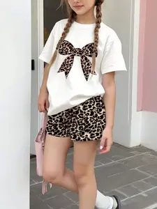 Girls' Vintage Leopard Bow Print Round Neck Short Sleeve Shorts Set, Cute Clothing Set, Casual Outdoor Sports Two-Piece, Spring Summer New Arrival
