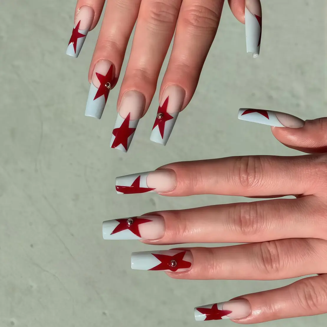 Custom Red Star French Tip Press on Nails, White Base, Long Square Shape, Classic & Chic, Reusable Fake Nails for Party or Daily Wear