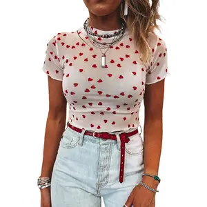Women's Mesh Short Sleeve Top Sheer Heart & Retro Floral Print Mock Neck Slim Fit Crop Top Sexy See Through Baby Tee for Party Club Wear
