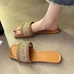 Ethnic Style Fisherman Sandals for Women, Summer Outdoor Wear, Size 41-43, Large Size, Straw Woven, Sweat-Absorbing, Flat Casual Slide Sandals Footwear Walking Shoes Girl Tactical Creeper