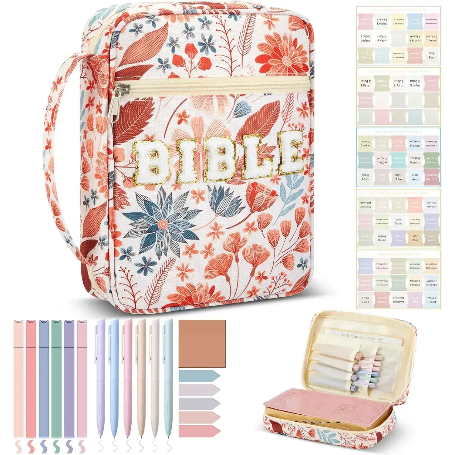 20 Pcs Bible Journaling Kit Include Letter Bible Cover for Women 6 Highlighters 6 Colored Gel Pen No Bleed Sticky Tabs, Case Tote Bag with Handle for Study Supplies Gifts(Boho Plants)