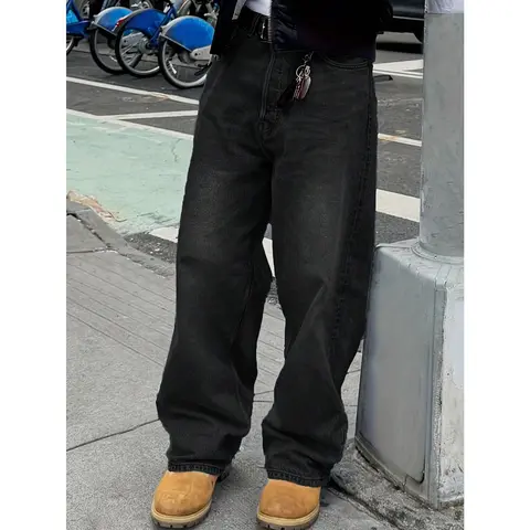 Spring To Summer Vintage Washed Baggy Jeans Straight Leg Loose Denim Pants with Pockets