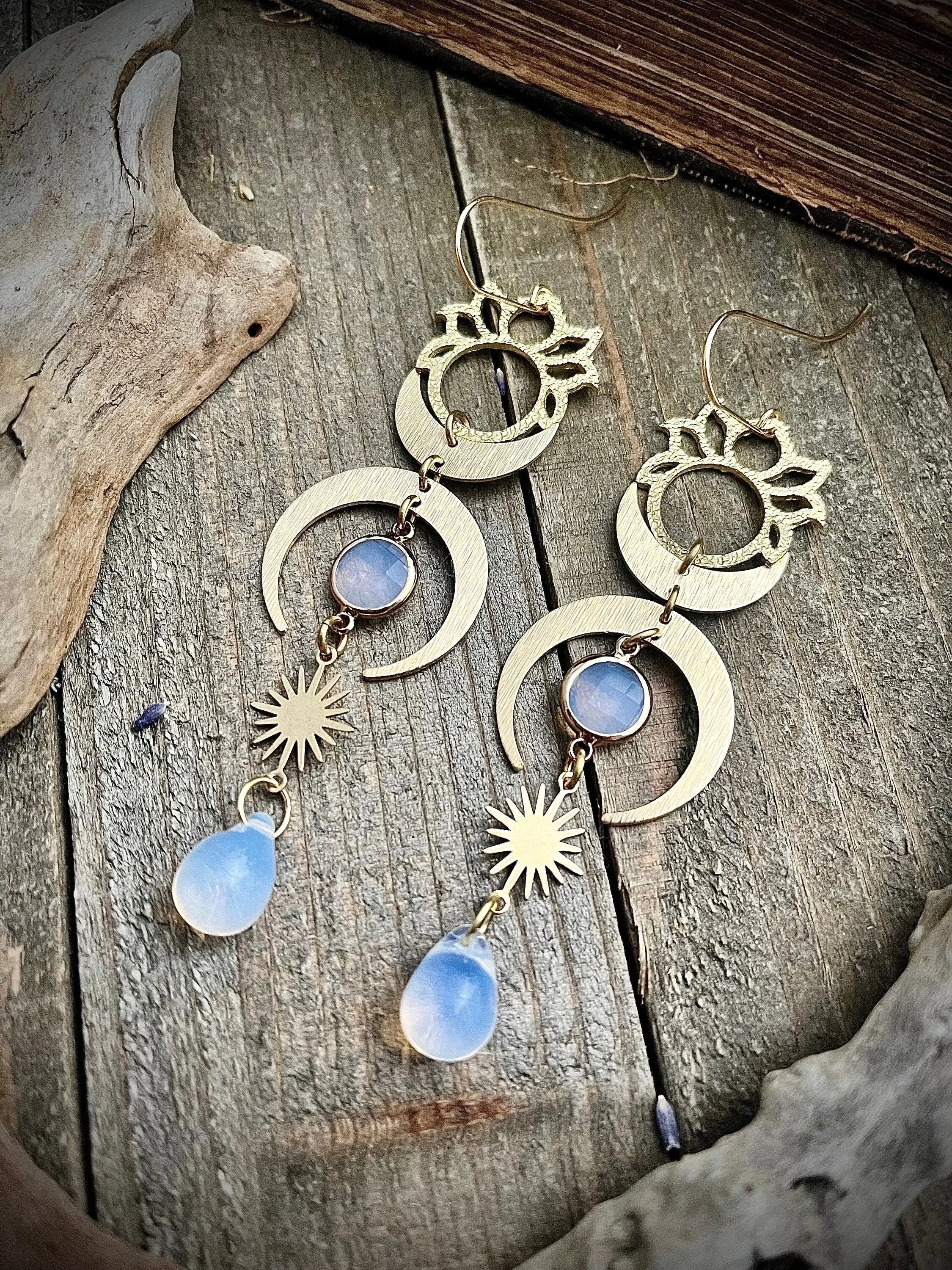 Gold Brass Celestial Lotus Opalite Earrings