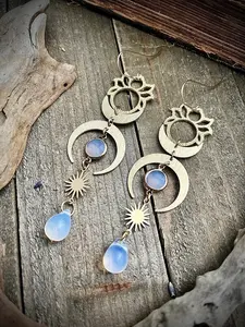 Gold Brass Celestial Lotus Opalite Earrings