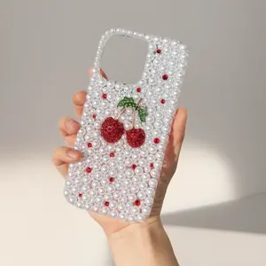 Dazzling Full Pearl Cherry Bling Case with Detachable Chain – Durable Phone Protector for 16, 15, 14, 13, 12, 11 Pro Max and Plus Smartphones