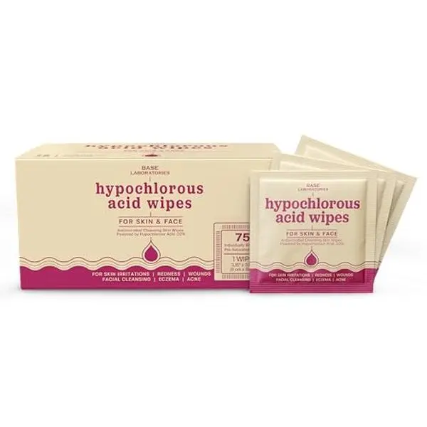 BASE LABORATORIES Hypochlorous Acid Wipes for Face & Skin - Facial Cleansing and Daily Skin Repair Hypochlorous Acid Wipes - for Sensitive Skin, Redness, Irritations, Eczema - 75 Wipes