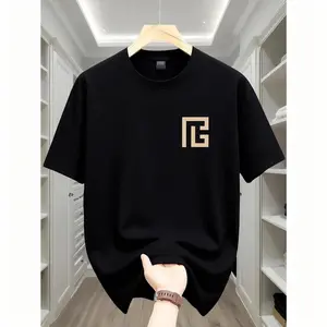 Men's 100% Cotton T-Shirt, Casual Geometric Print, Comfortable Short Sleeve Crew Neck Tee, Black with Golden Logo Design, All-Match Sportswear for Casual Attire