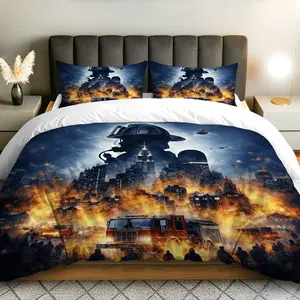 3PCS Duvet Cover Set, 1 Duvet+2 Pillowcases(Without filler), Firefighter Cityscape Blaze Rescue Helicopter theme, Halloween bedding set, Firefighter Theme Suitable for decoration bedroom living room guest room hotel