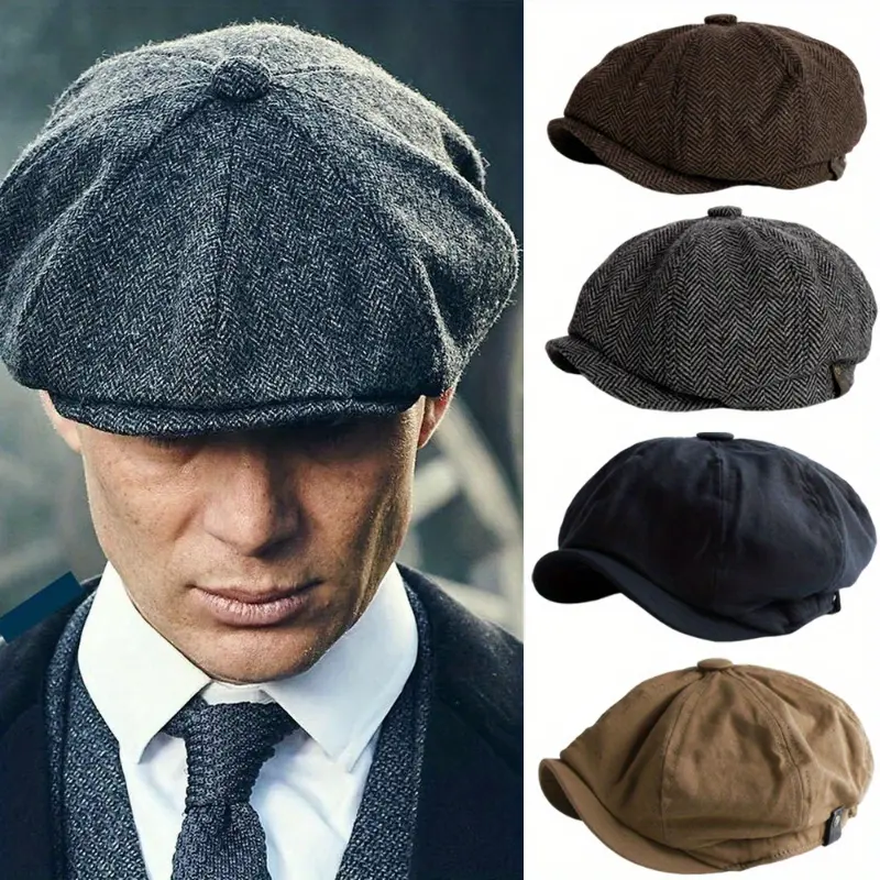 Unisex Vintage Herringbone Tweed Newsboy Cap - 30% Wool 70% Cotton Lightweight Retro British-Style Classic Hat for Plain Casual Daily Wear & Cosplay