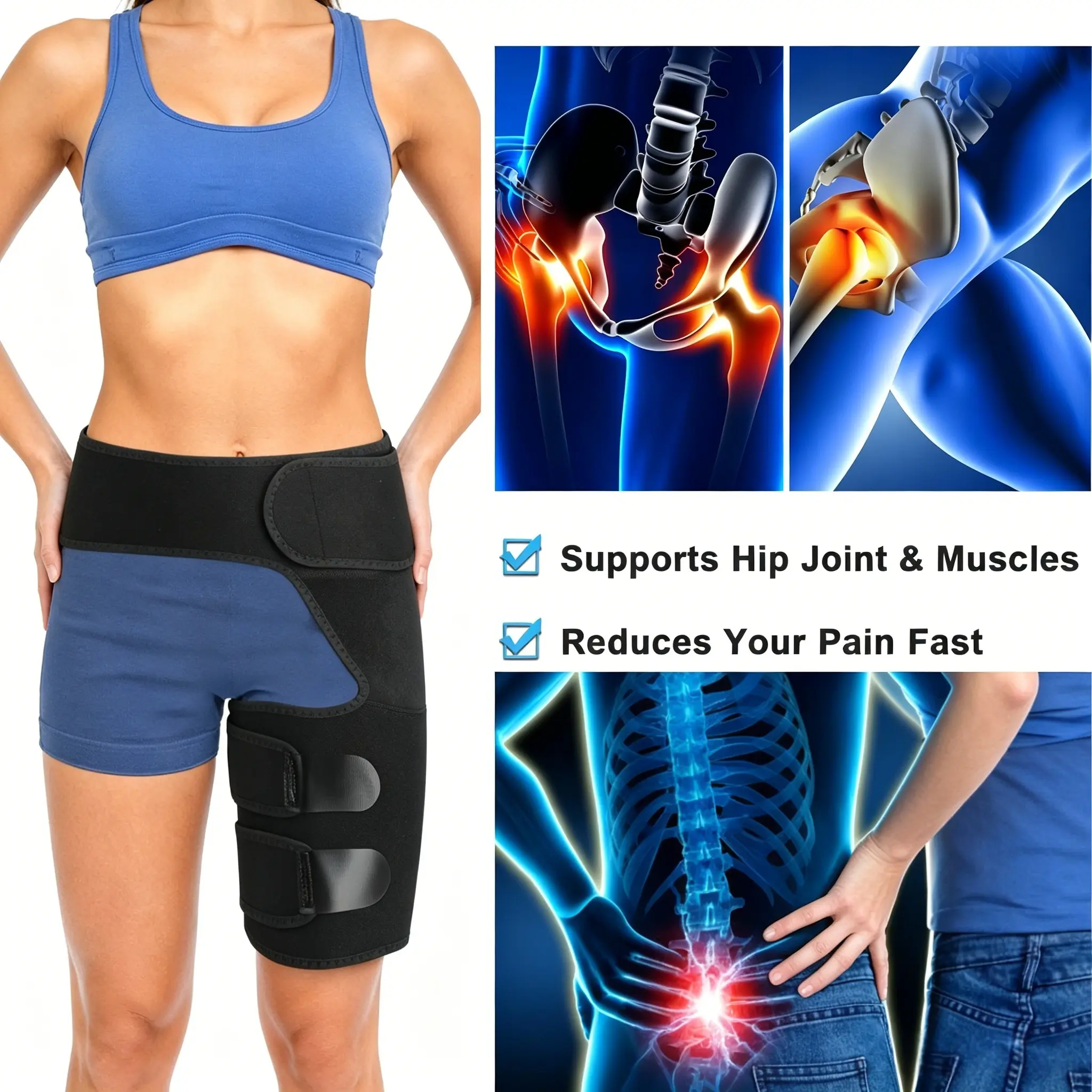 Unisex 2-In-1 Hip Thigh Support Brace - 1 Pc, Breathable High Elastic, Dual Elastic Straps, Adjustable Fastening, Thin Undergarment Wear, Non-Slip, Fast Pain Relief, Sciatica Relief, Chronic Pain Management for Running, Cycling, Tennis, Daily Errands