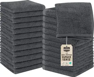 24 Pack Cotton Washcloths Set, 100% Ring Spun Cotton, Premium Quality Flannel Face Cloths, Highly Absorbent and Soft Feel Fingertip Towels, Grey