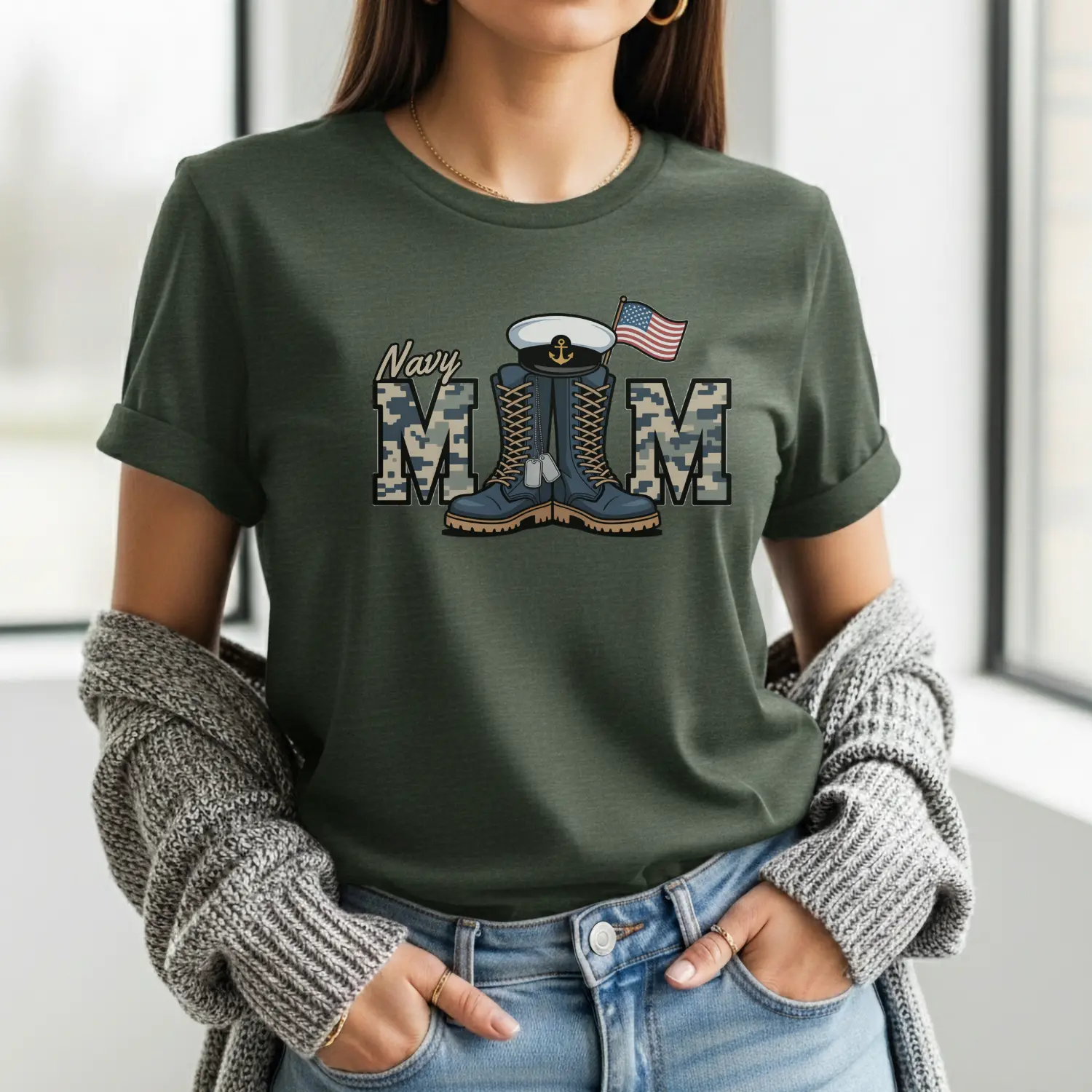 Proud Navy Mom Shirt Patriotic Military Family Graphic Tee Casual Cotton
