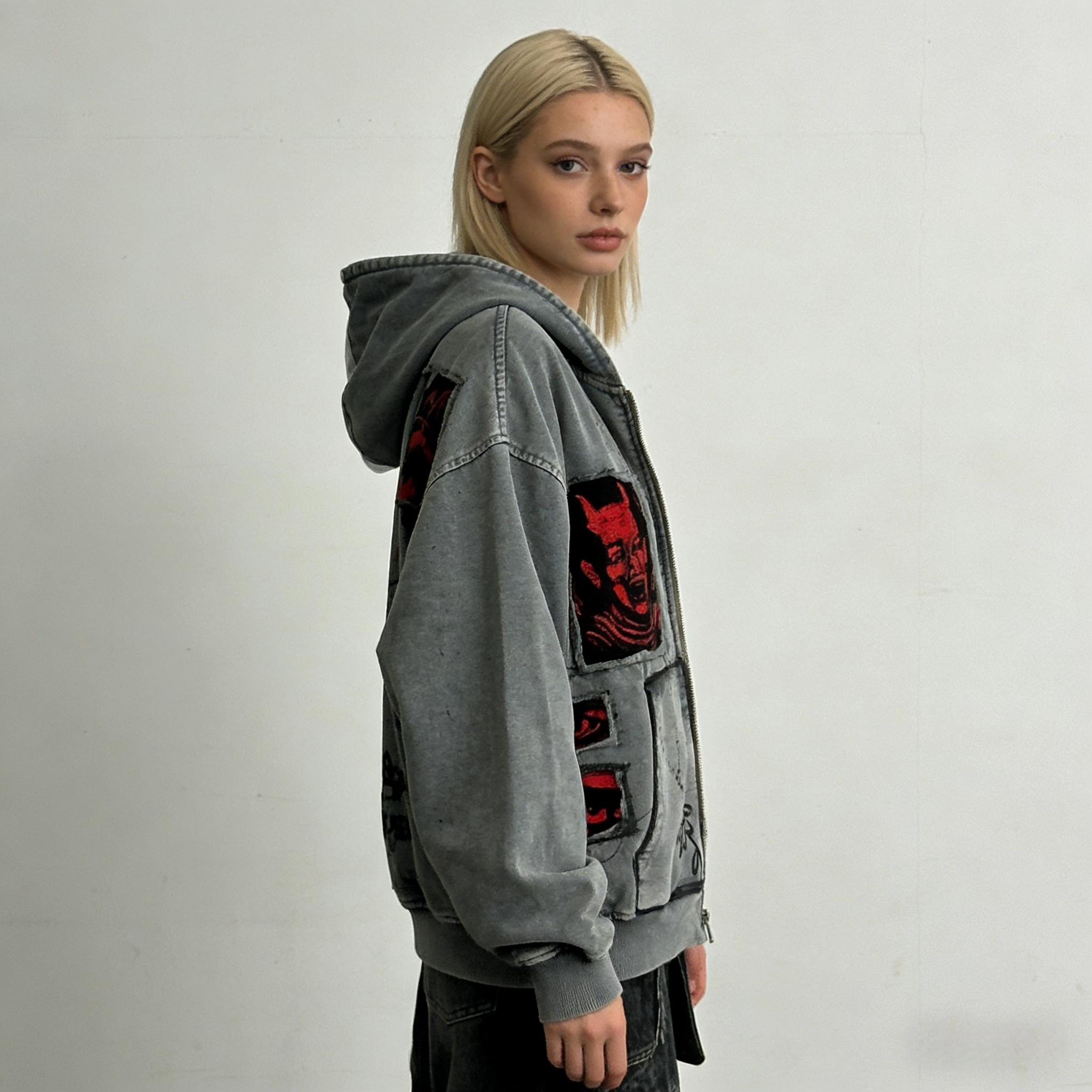 Vintage Washed Grey Oversized Zip Up Hoodie, Gothic Skull Demon Graphic Print Streetwear, Y2K Grunge Embroidered Patchwork Jacket, Punk Harajuku Casual Sweatshirt for Men Women