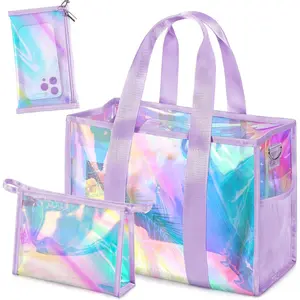 Iridescent Beach Tote Bags for Women Large Zipper Pool Bag with Makeup Bag and Waterproof Phone Pouch, Sandproof Waterproof Travel Bag Adjustable Strap Foldable Packable Vacation Essential Gift