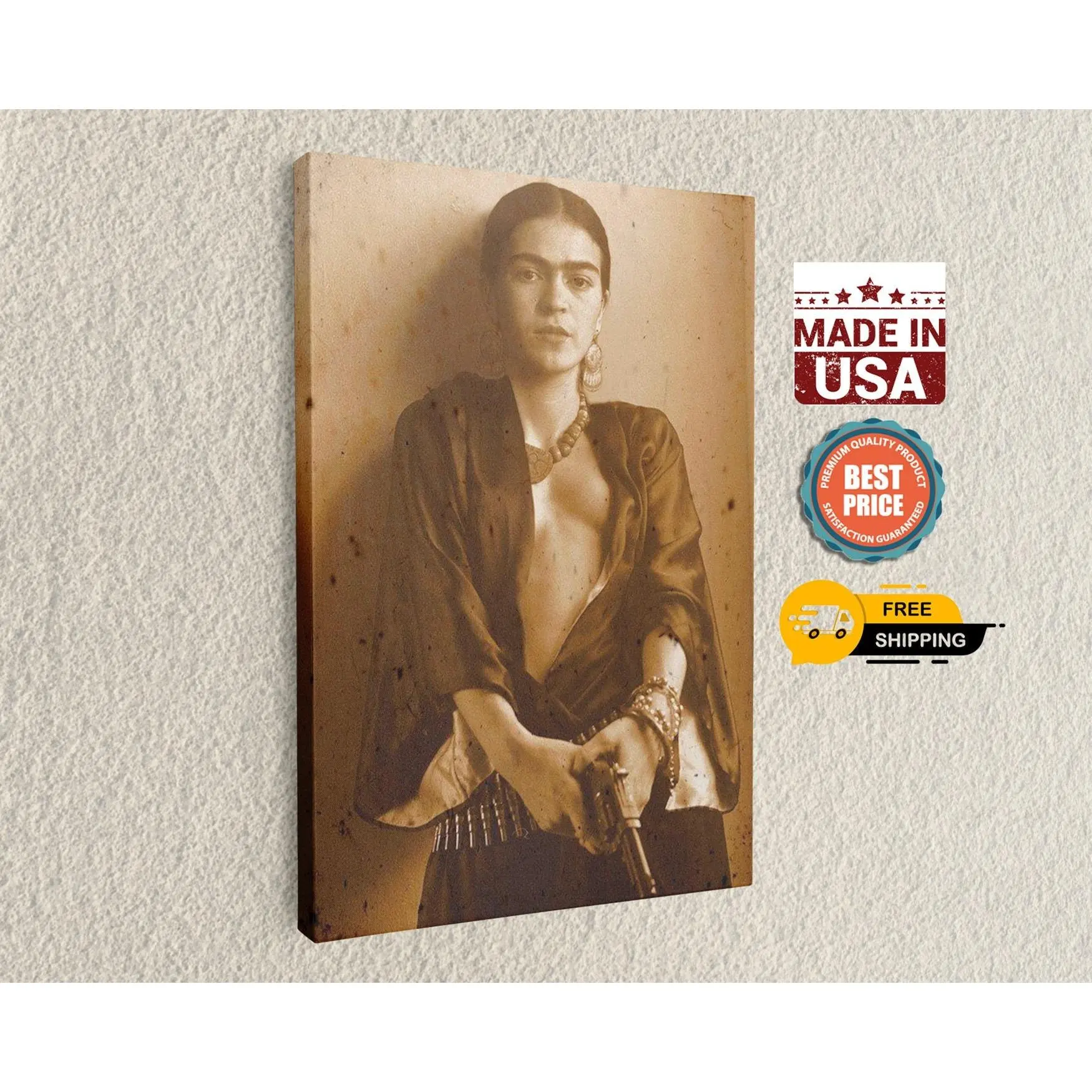 Frida Kahlo Holding Gun Cool Pose Sepia Mexican Master Artist, Canvas Art ,Painting Reproduction Prints Art Canvas Wall Hangings, Home Decor