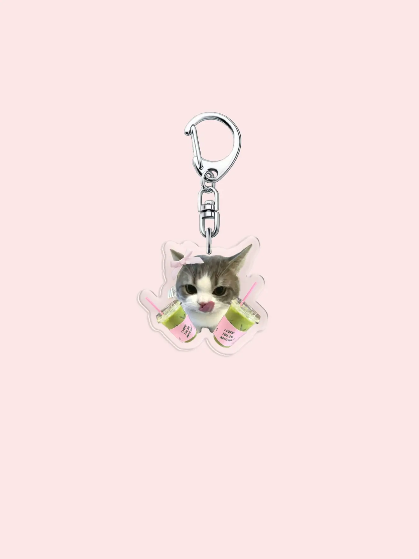 Cute Acrylic Cat Keychain, Fun Cat Keychain with Matcha Drink Bag, Backpack Charm, Car Keychain, Phone Accessory, Perfect Gift for Christmas and New Year