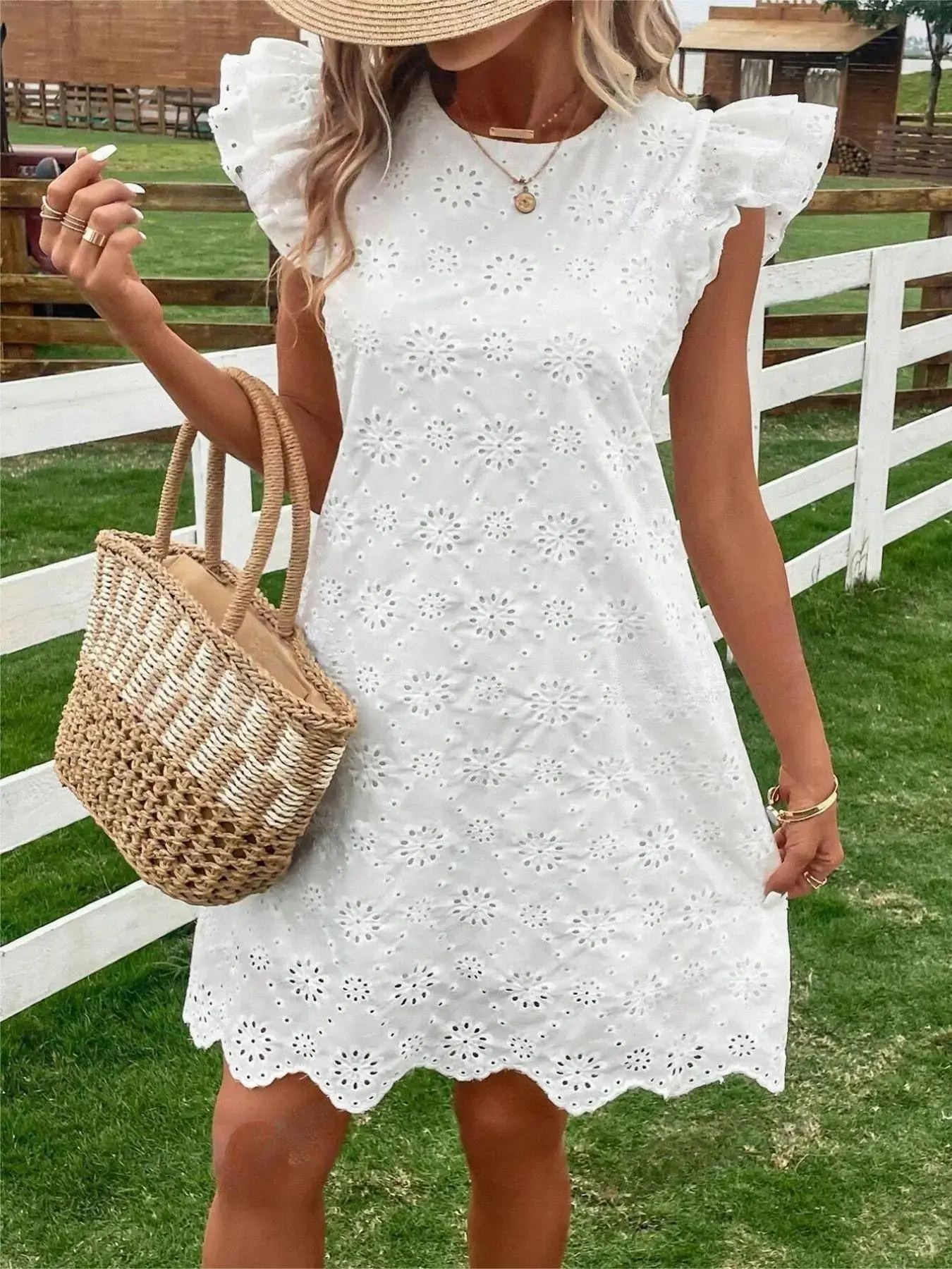 Vintage Women's Plain Eyelet Embroidery Layered Butterfly Sleeve Tunic Dress, Casual Round Neck Cap Sleeve Scallop Trim Short Dress for Summer, Ladies Clothes for Beach Holiday Vacation