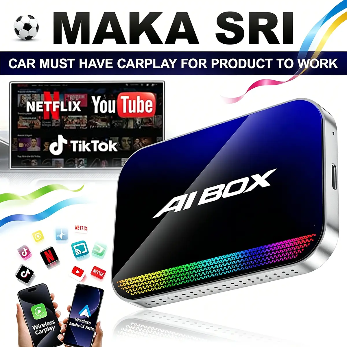 [Summervibes] (MAKASRI AIBOX-AIR) 4-in-1 Wireless CarPlay & Android Auto Adapter Compatible with Netflix YouTube TikTok Screen Mirror Link & Play for OEM Wired CarPlay Cars