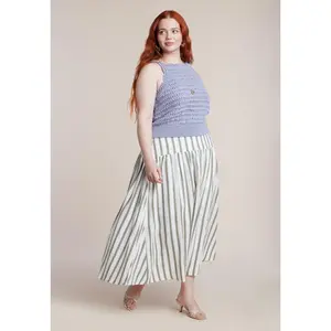 ELOQUII Women's Plus Size Drop Waist Striped Linen Skirt