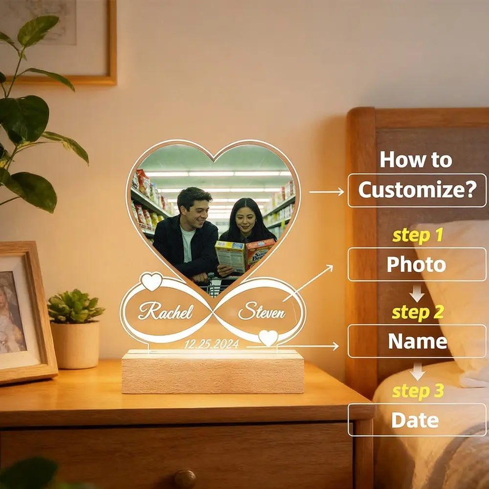 2D Flat, 1pc Personalized Light Up Photo Frame with Night Light - Custom Picture Frame Suitable for Valentines Day Gifts, Anniversary & Birthday Presents, Table with Photo Display for Couples, Him & Her, for Decor for Mom Dad