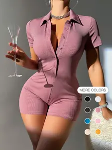 Women's Plain Ribbed Button Front Romper, Elegant Casual Short Sleeve Romper for Summer, Fashion Chic Women's Clothing for Daily Wear, Overalls for Women