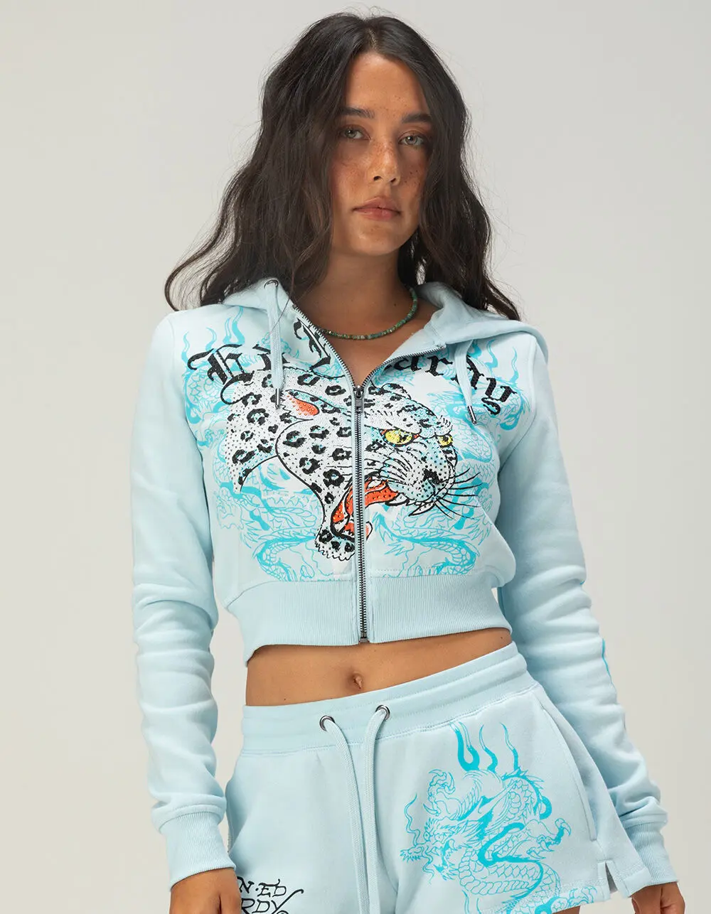 ED HARDY Blue Leopard Womens Zip-Up Rhinestone Hoodie ED HARDY Blue Leopard Womens Zip-Up Rhinestone Hoodie