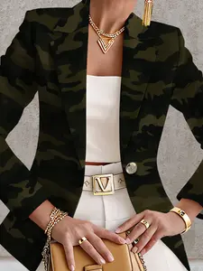Women's Fall Outdoor Camo Geometric Print Suit Jacket, Casual Fitted Regular Length, Digital Print, Spring & Fall Fashion